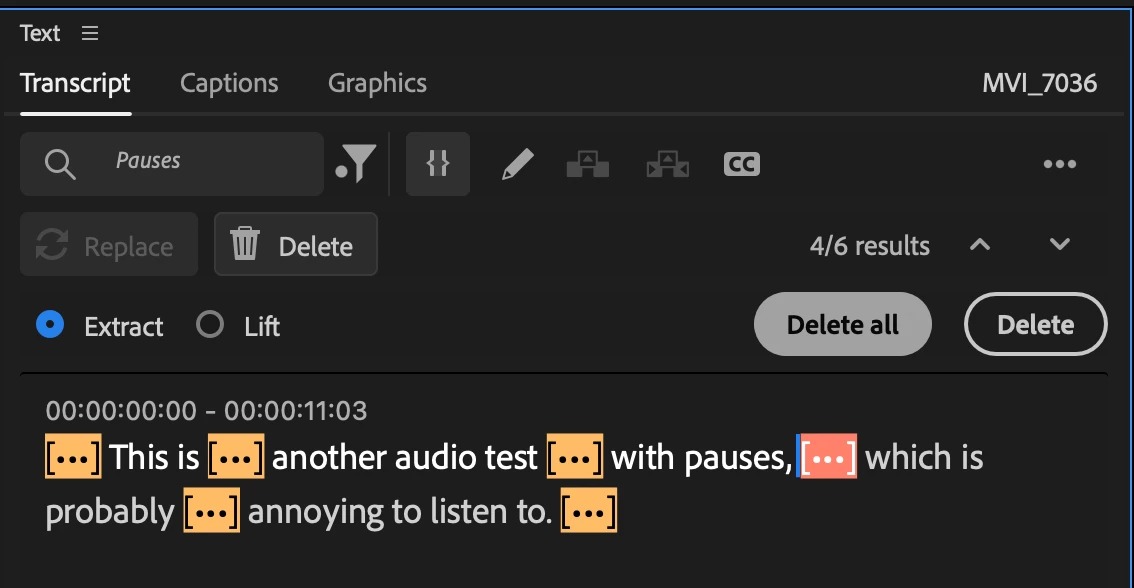 Фильтр Pauses и кнопка Delete в панели Transcript Adobe Premiere Pro