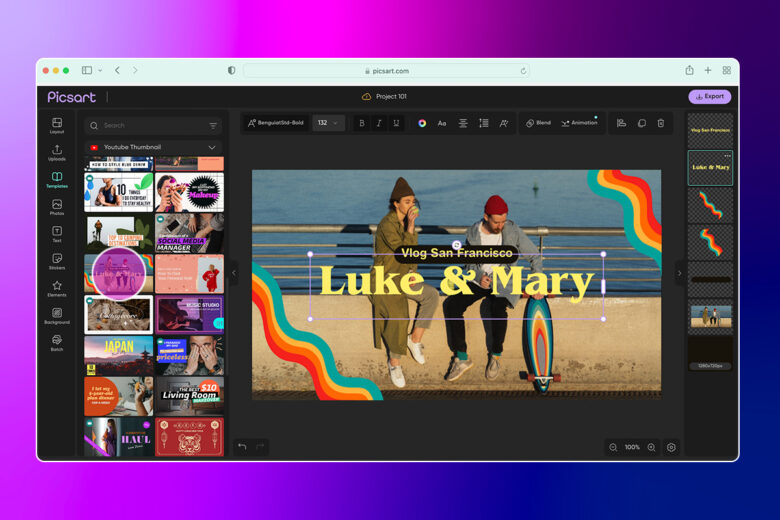 Веб-редактор Picsart с шаблоном YouTube Thumbnail, слоями и текстом