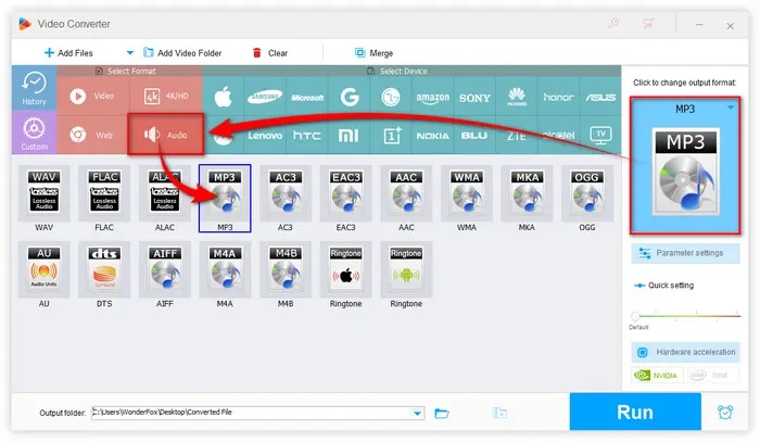 Выбор профиля MP3 в категории Audio в WonderFox HD Video Converter Factory Pro