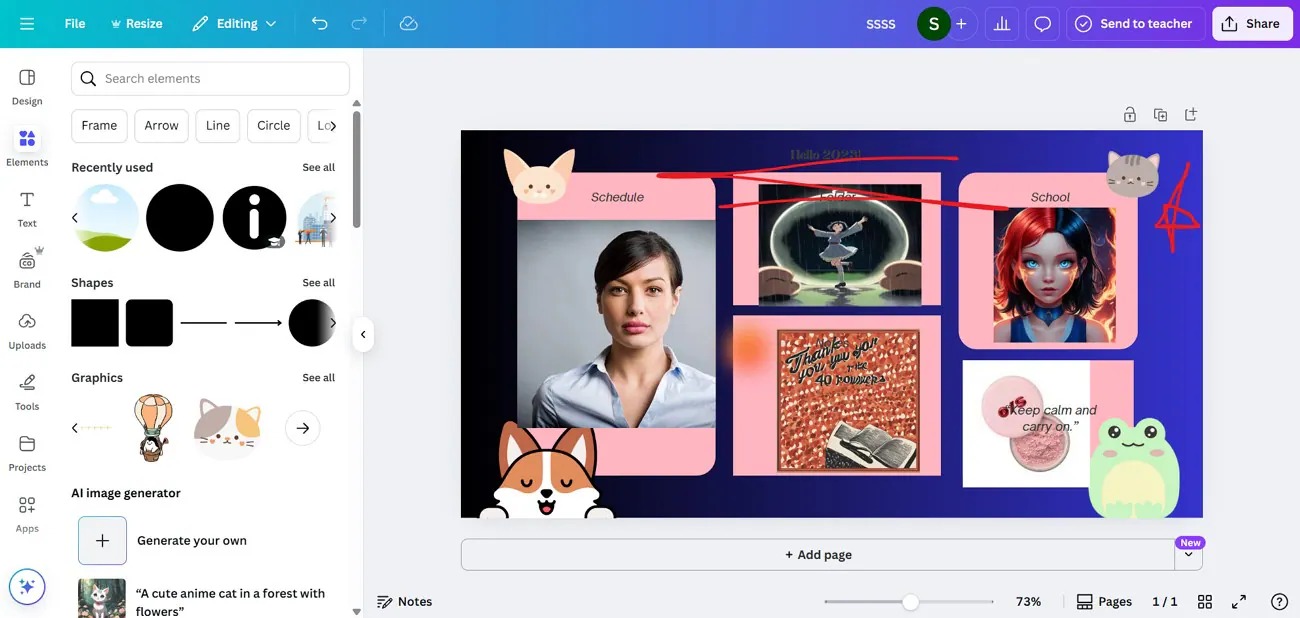 Редактор Canva с фотомонтажом и панелью элементов