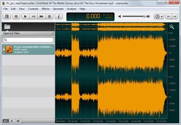 Интерфейс ocenaudio с большой стереофонической волновой формой