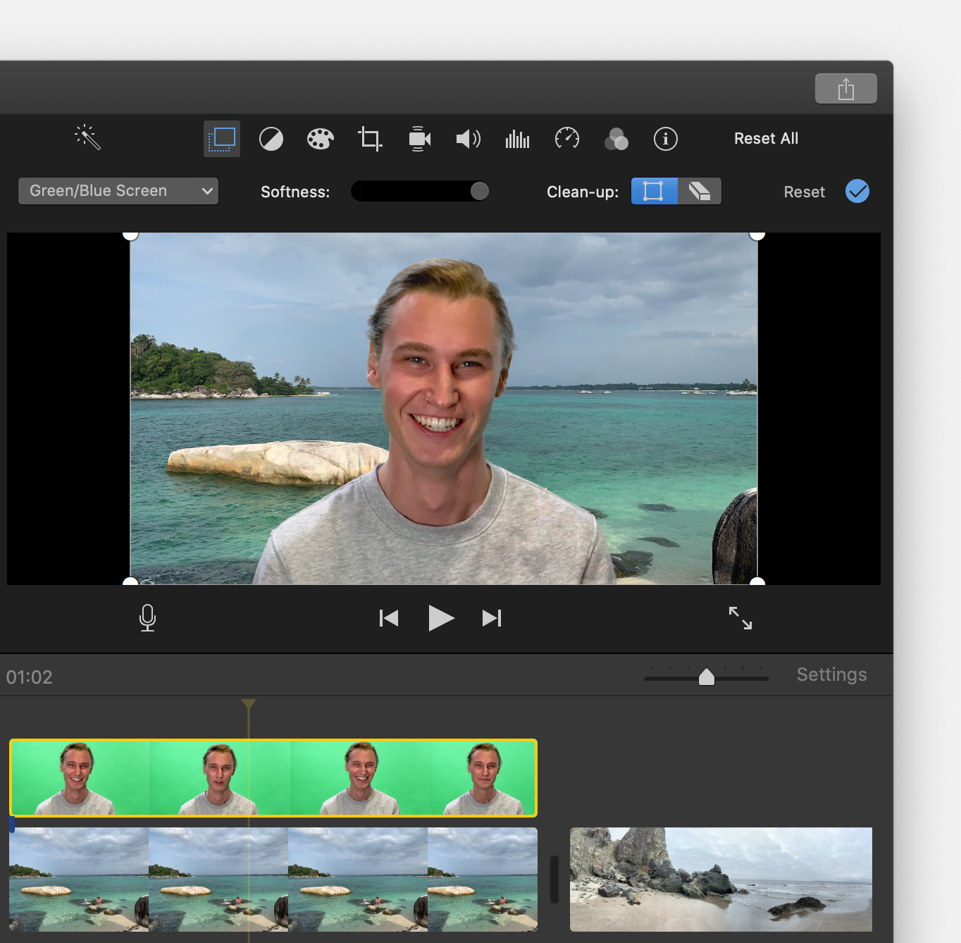 Softness и Clean-up для зеленого экрана в iMovie на Mac