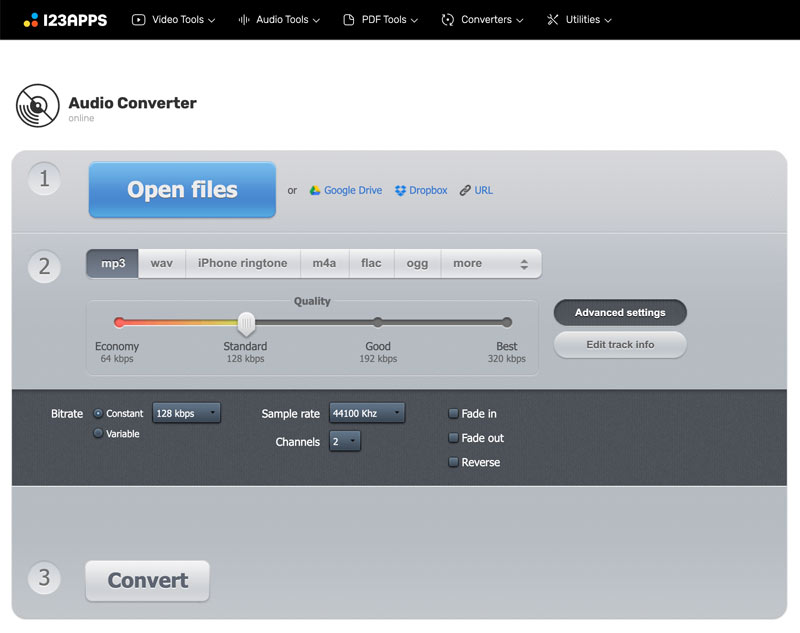 Интерфейс 123apps Online Audio Converter с выбранным MP3 и настройкой качества