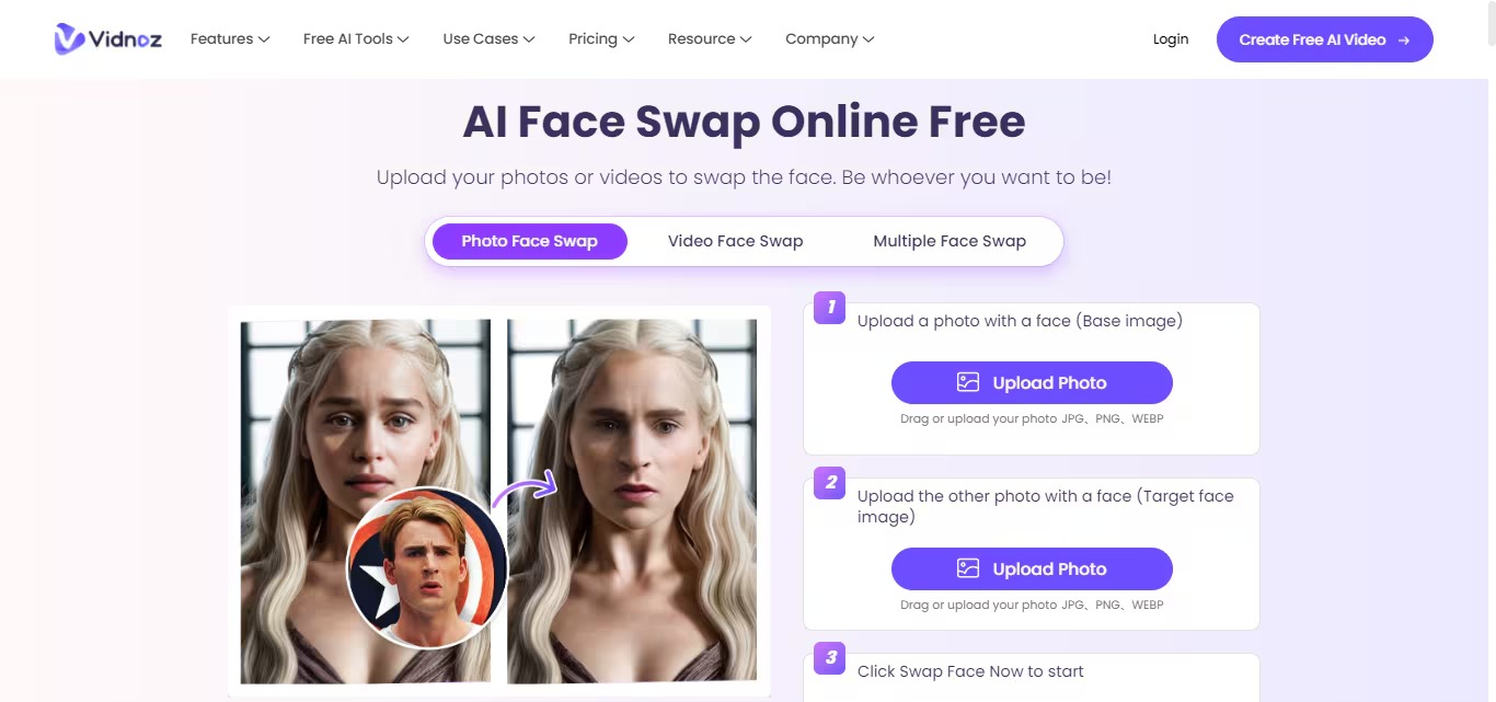 Vidnoz AI Face Swap: вкладка Photo Face Swap и поля загрузки двух изображений