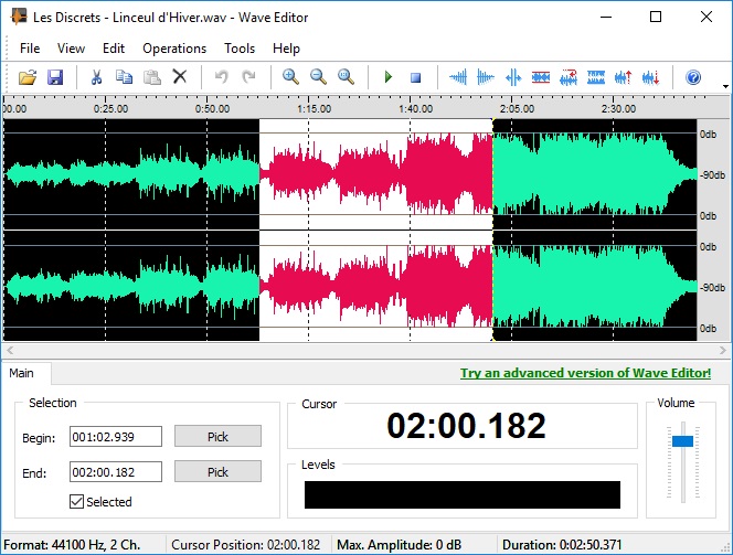 Wave Editor с выделенным участком аудиозаписи перед обрезкой