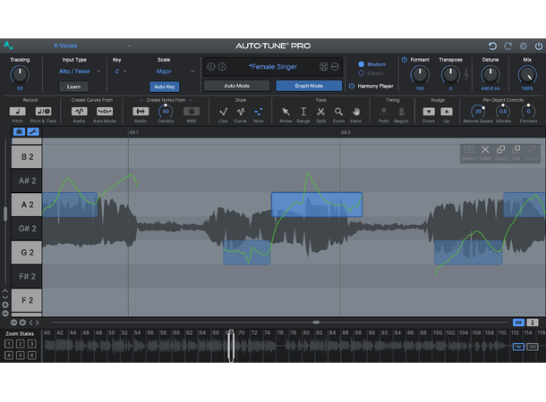 Graph Mode в AutoTune Pro 11 с волновой формой и объектами коррекции высоты