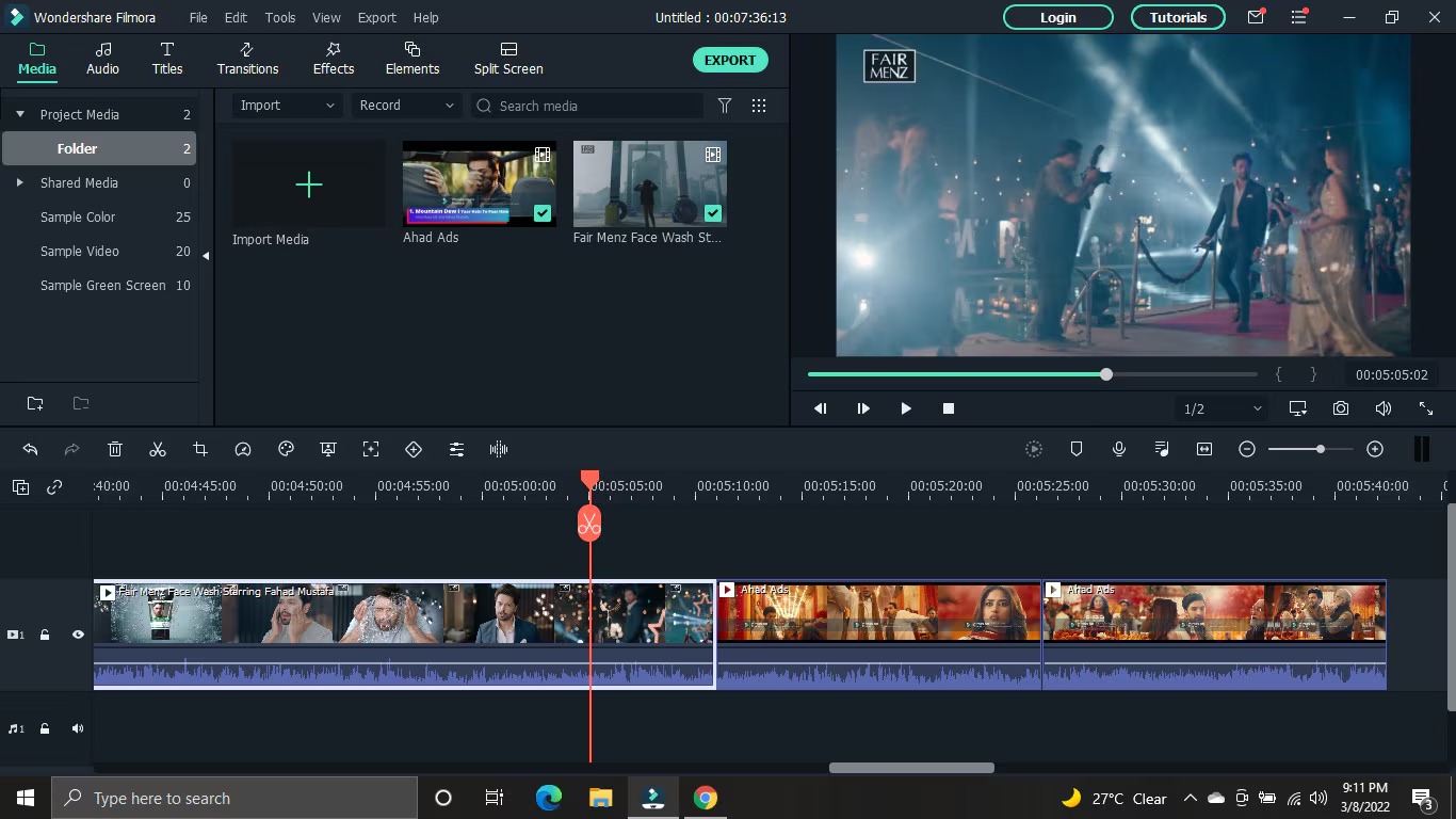 Интерфейс Wondershare Filmora с медиатекой, предпросмотром и монтажной шкалой