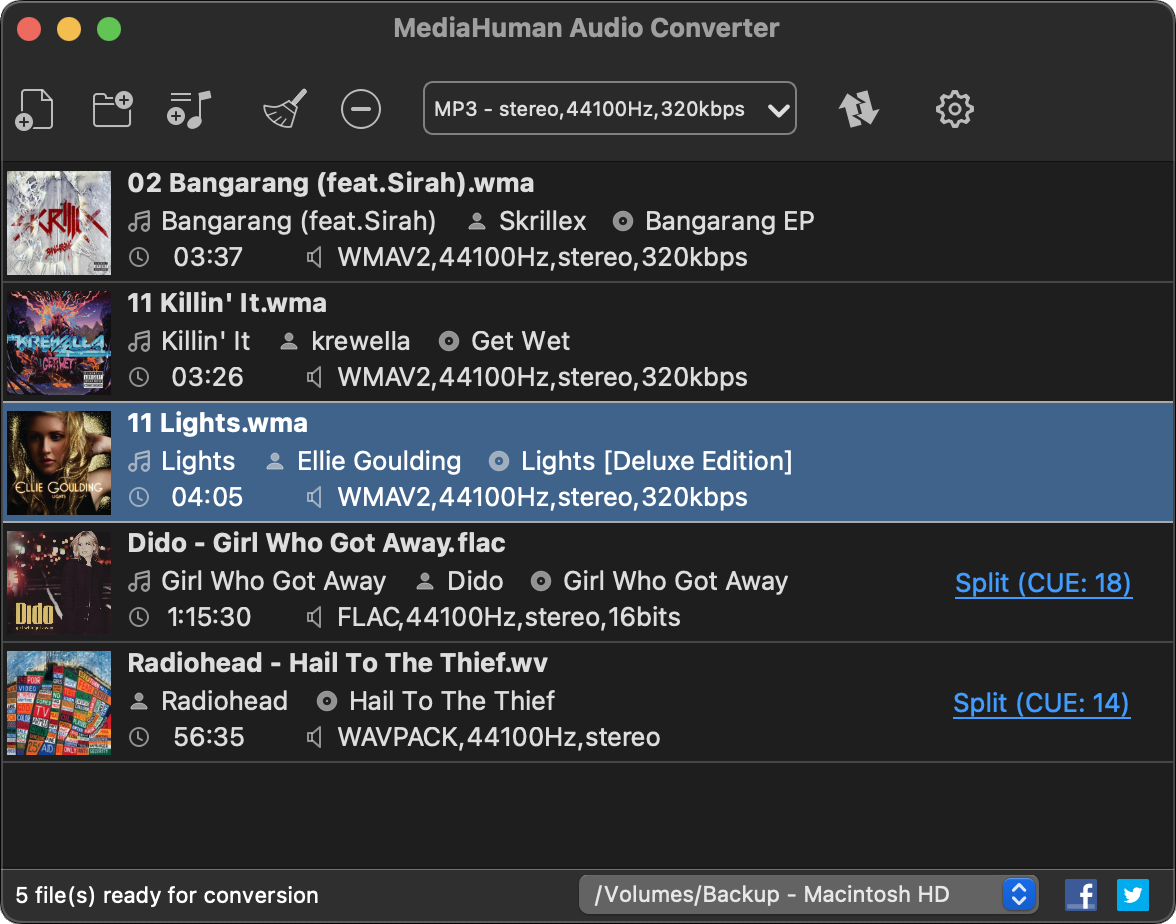 Интерфейс MediaHuman Audio Converter со списком музыкальных файлов и параметрами MP3