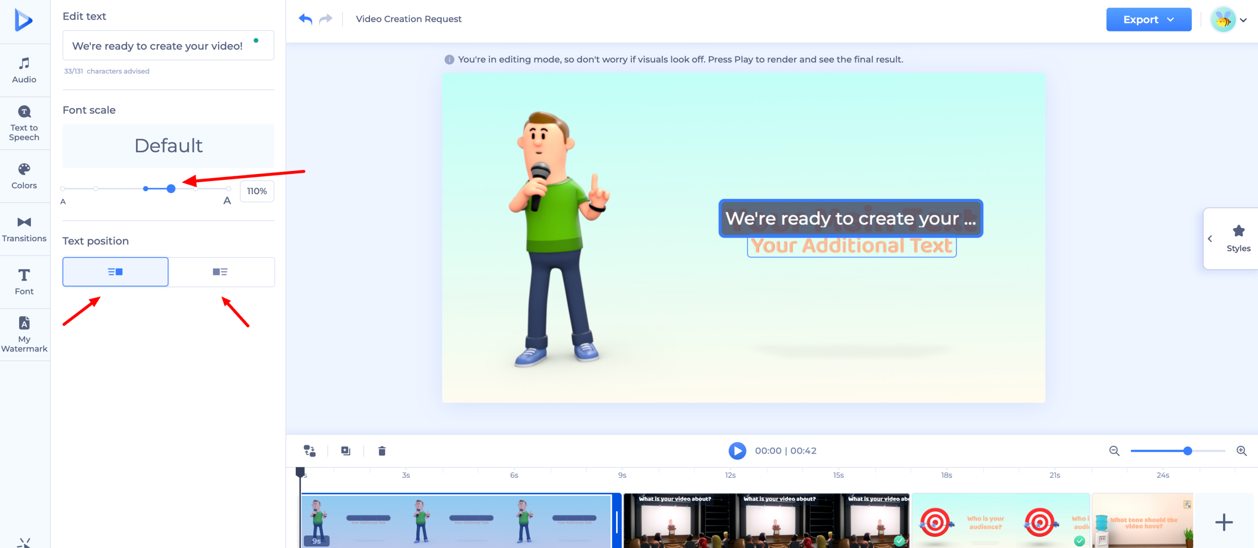 Интерфейс Renderforest Video Maker с текстом, предпросмотром и таймлайном