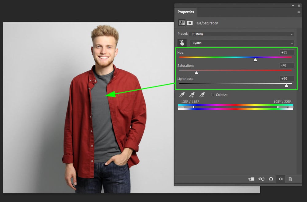 Смена цвета рубашки в Photoshop через панель Hue Saturation