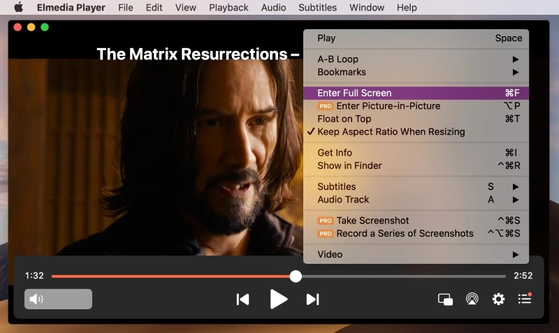 Интерфейс Elmedia Player на macOS с меню Playback и панелью управления воспроизведением