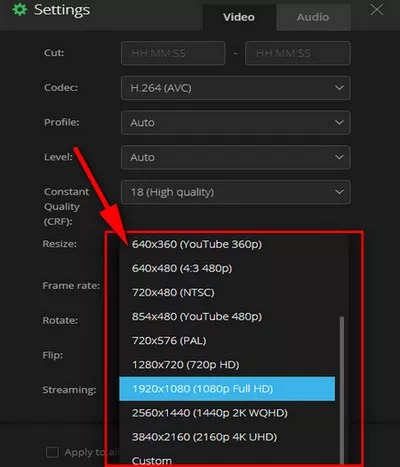 Окно настроек Convertio со списком Resize и разрешениями 720p 1080p 1440p 2160p