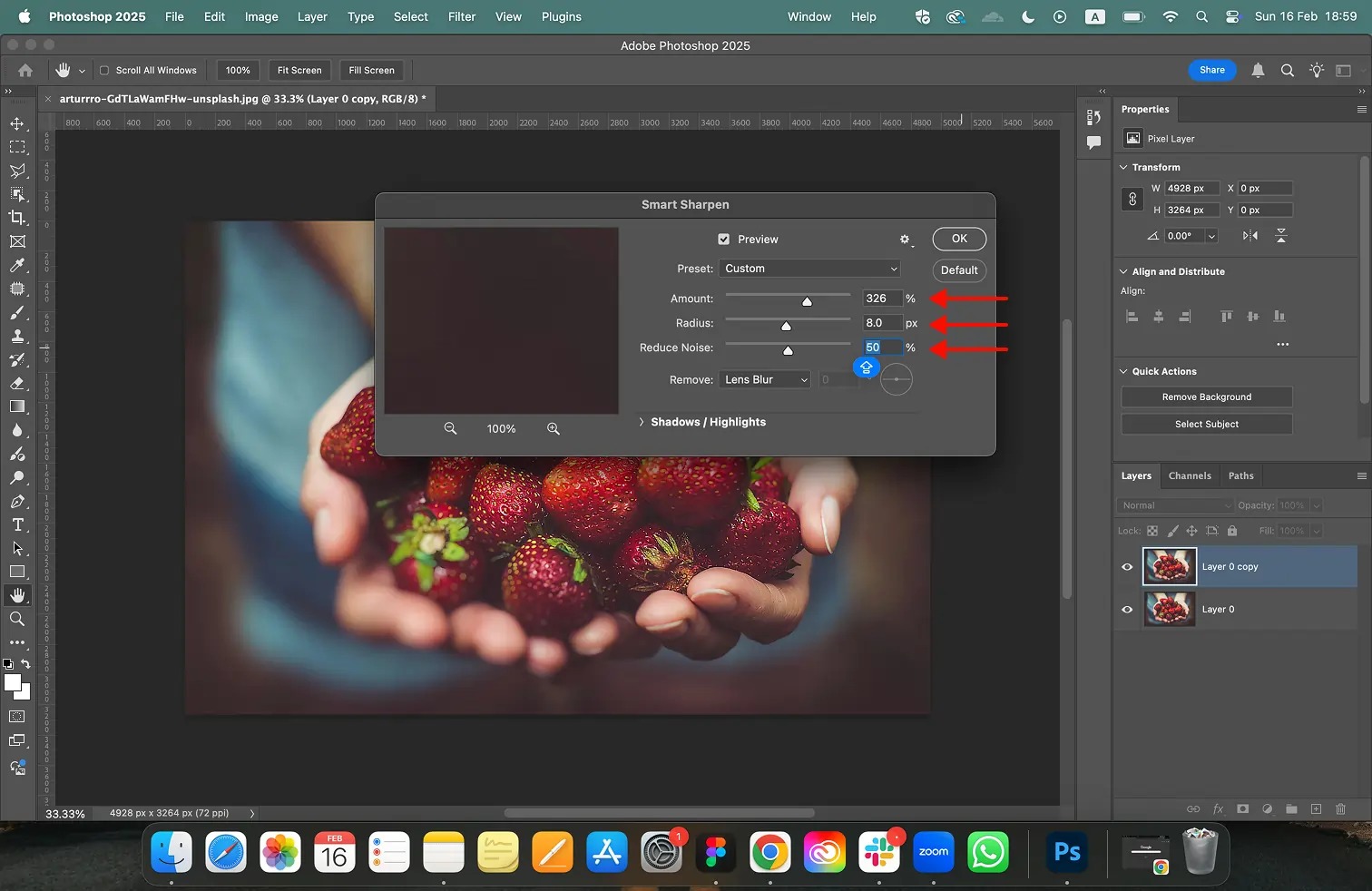 Диалог Smart Sharpen в Adobe Photoshop с параметрами Amount, Radius и Reduce Noise