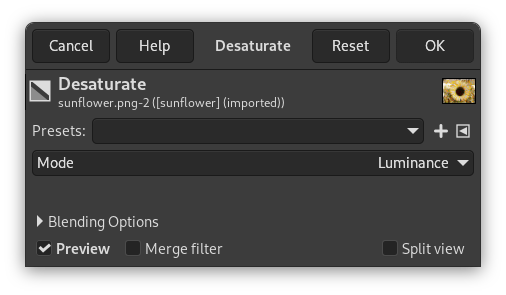 Диалог Desaturate в GIMP с выбором режима преобразования