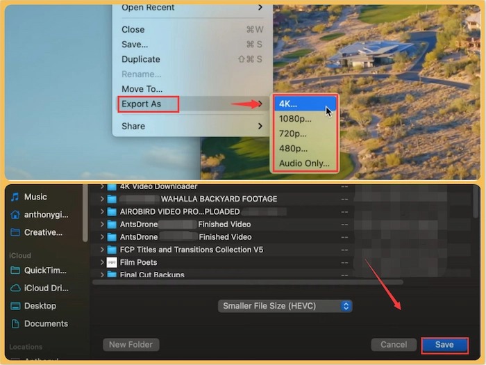 QuickTime Player на Mac с меню Export As и вариантом Smaller File Size HEVC