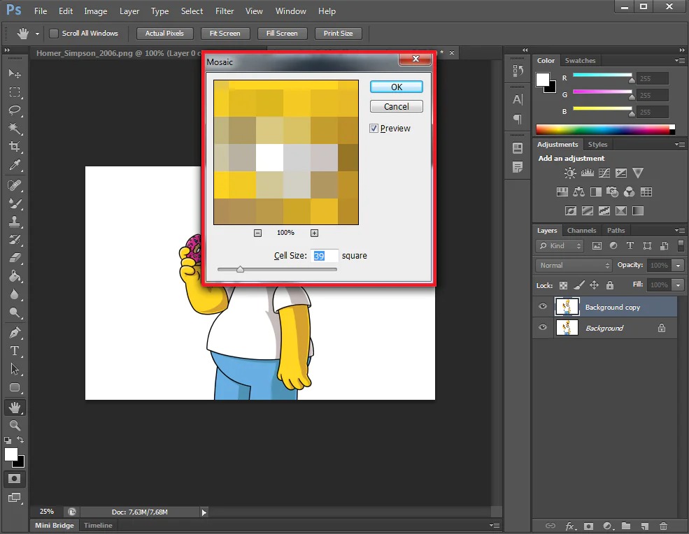Диалог Mosaic в Adobe Photoshop с настройкой размера ячейки