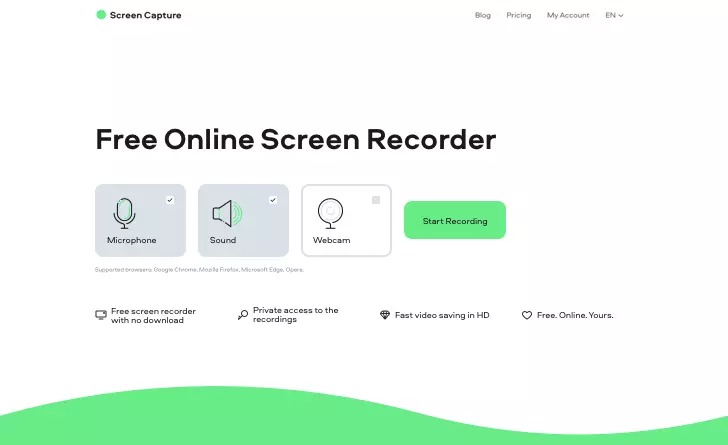 Веб-интерфейс ScreenCapture.com с переключателями микрофона, звука и веб-камеры