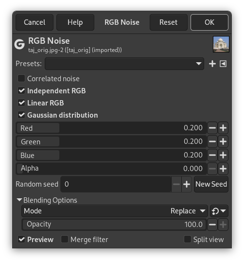 Диалог RGB Noise в GIMP для добавления зернистости