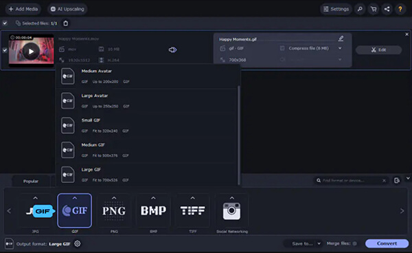 Выбор формата GIF в Movavi Video Converter