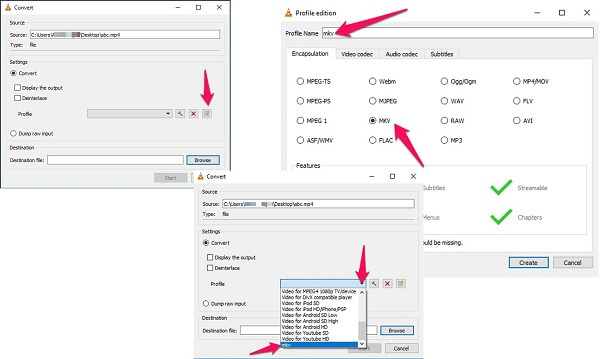 Окно Convert и редактор профиля VLC с выбором MKV