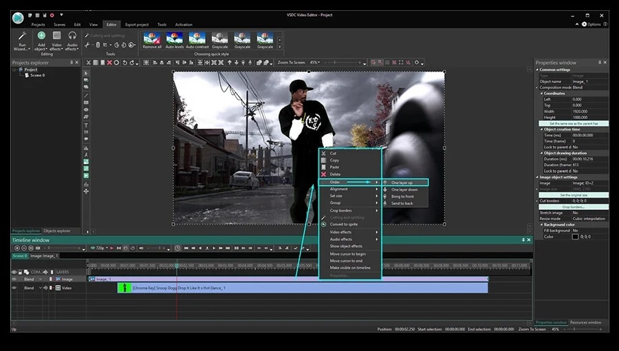 Команда Order One layer down для нового фона в VSDC