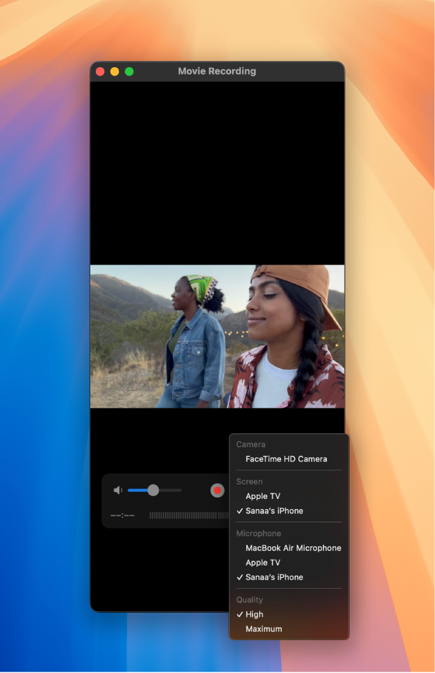 Окно Movie Recording в QuickTime Player с выбором камеры и микрофона