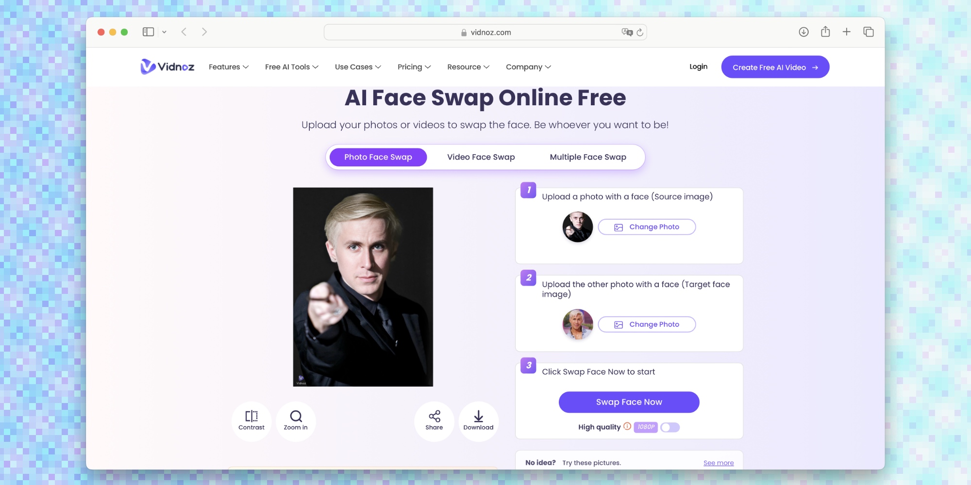 Интерфейс Vidnoz AI Face Swap для подмены лица на фотографии