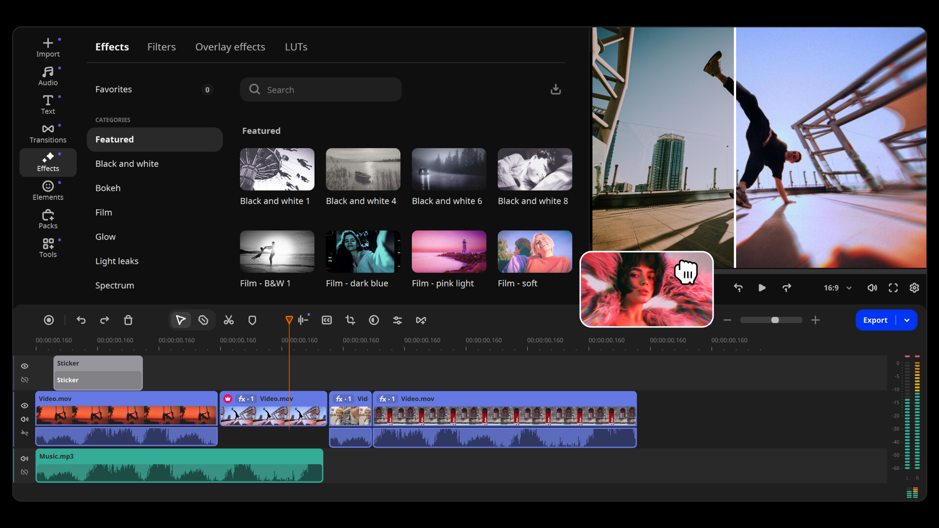Интерфейс Movavi Video Editor 2026 с окном просмотра и таймлайном