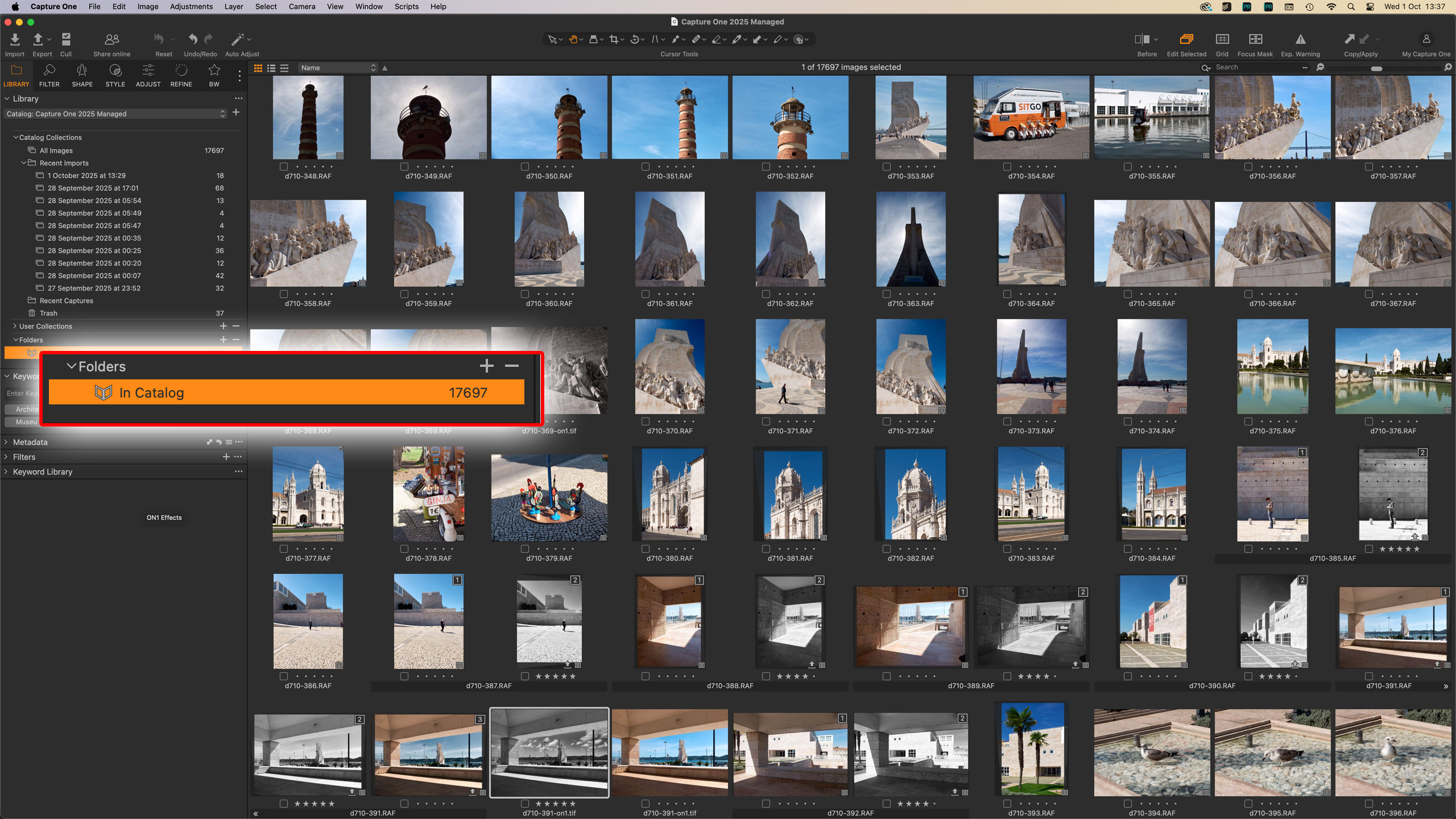 Каталог Capture One Pro с большой сеткой RAW-фотографий и панелью библиотеки