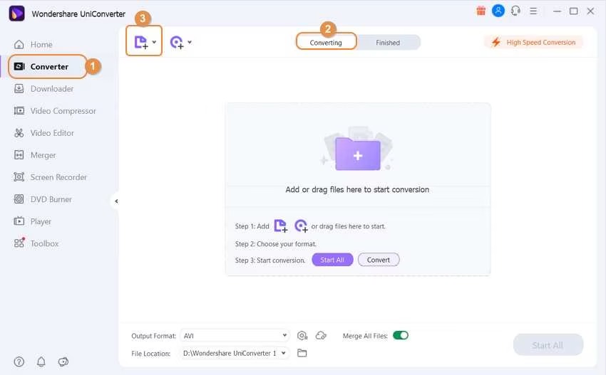 Модуль Converter в Wondershare UniConverter с выбранным выходным форматом AVI