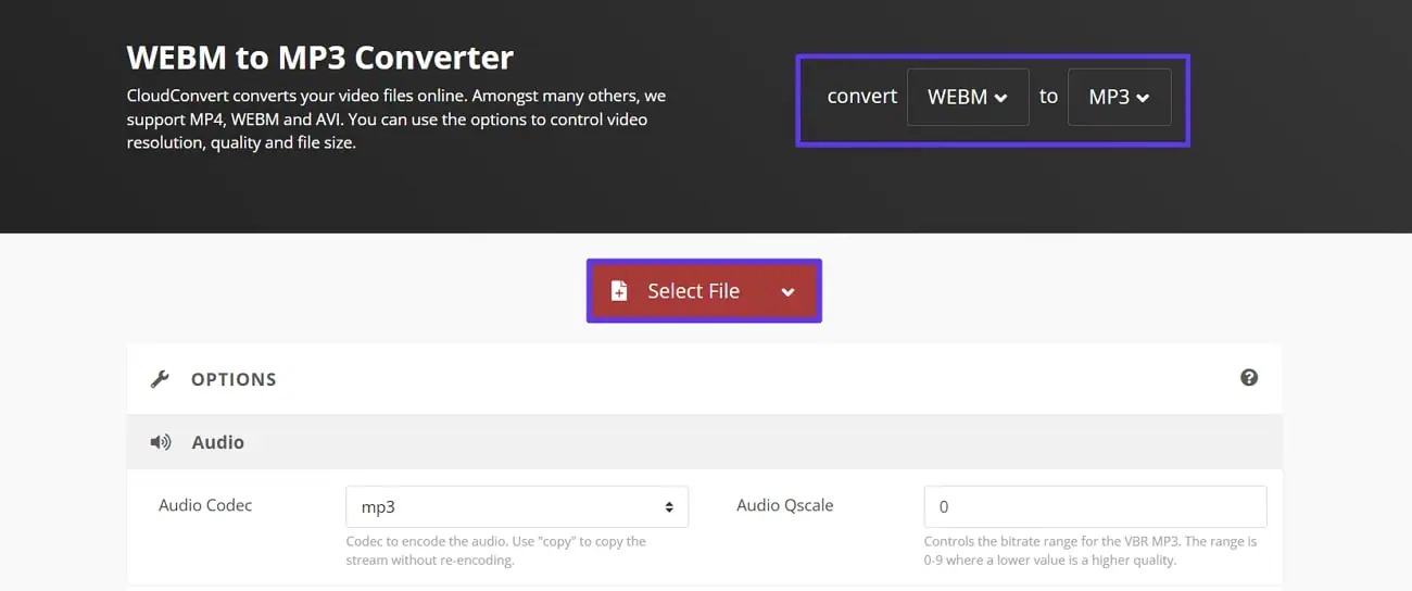 Интерфейс CloudConvert WEBM to MP3 с кнопкой Select File и параметрами Audio