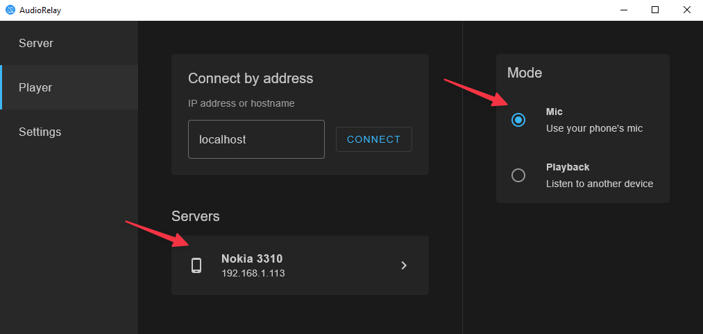AudioRelay для Windows с режимом Mic и выбранным телефоном в списке Servers