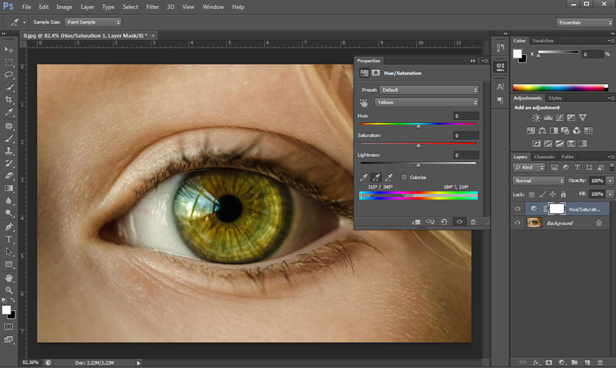 Adobe Photoshop с корректирующим слоем Hue Saturation для изменения цвета глаза