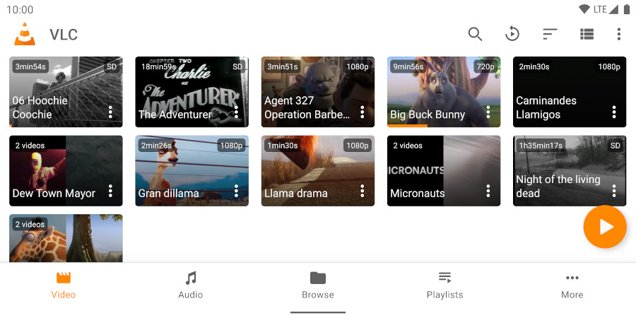 Библиотека видео в VLC for Android в горизонтальной ориентации