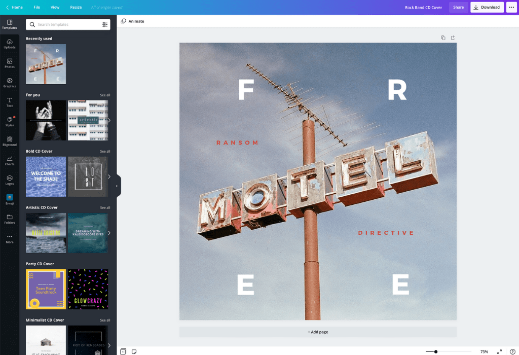 Редактор Canva с квадратным макетом музыкальной обложки