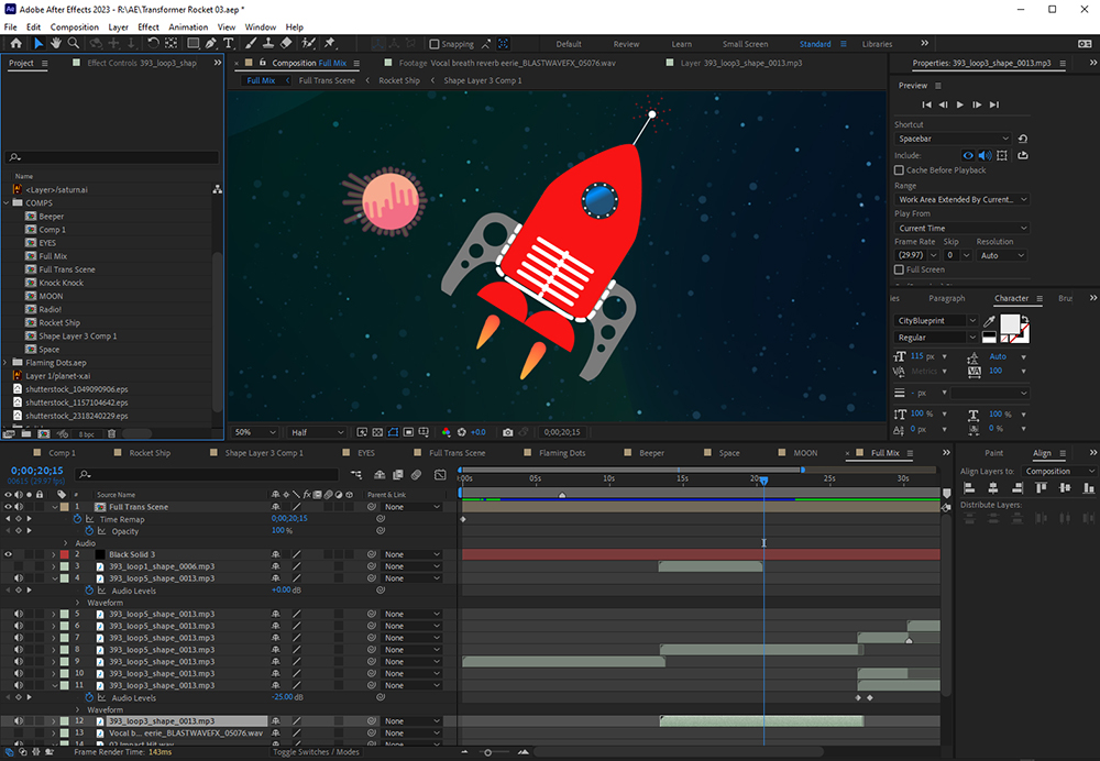 Интерфейс Adobe After Effects с композицией, слоями и ключевыми кадрами