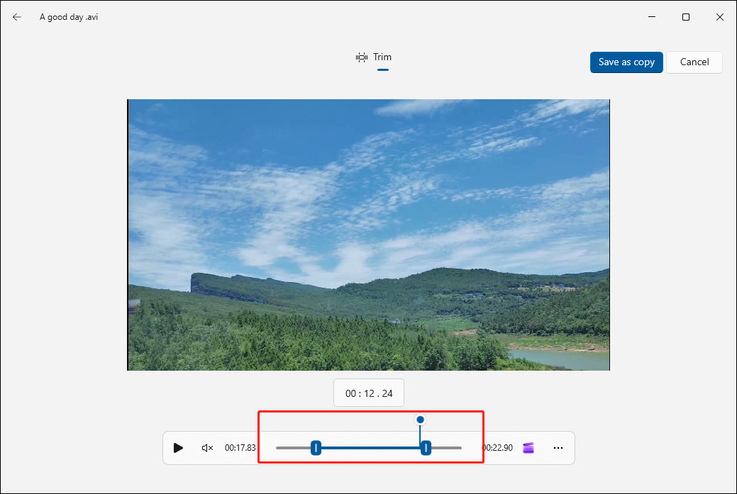 Современное окно Trim в Microsoft Photos с двумя синими ползунками