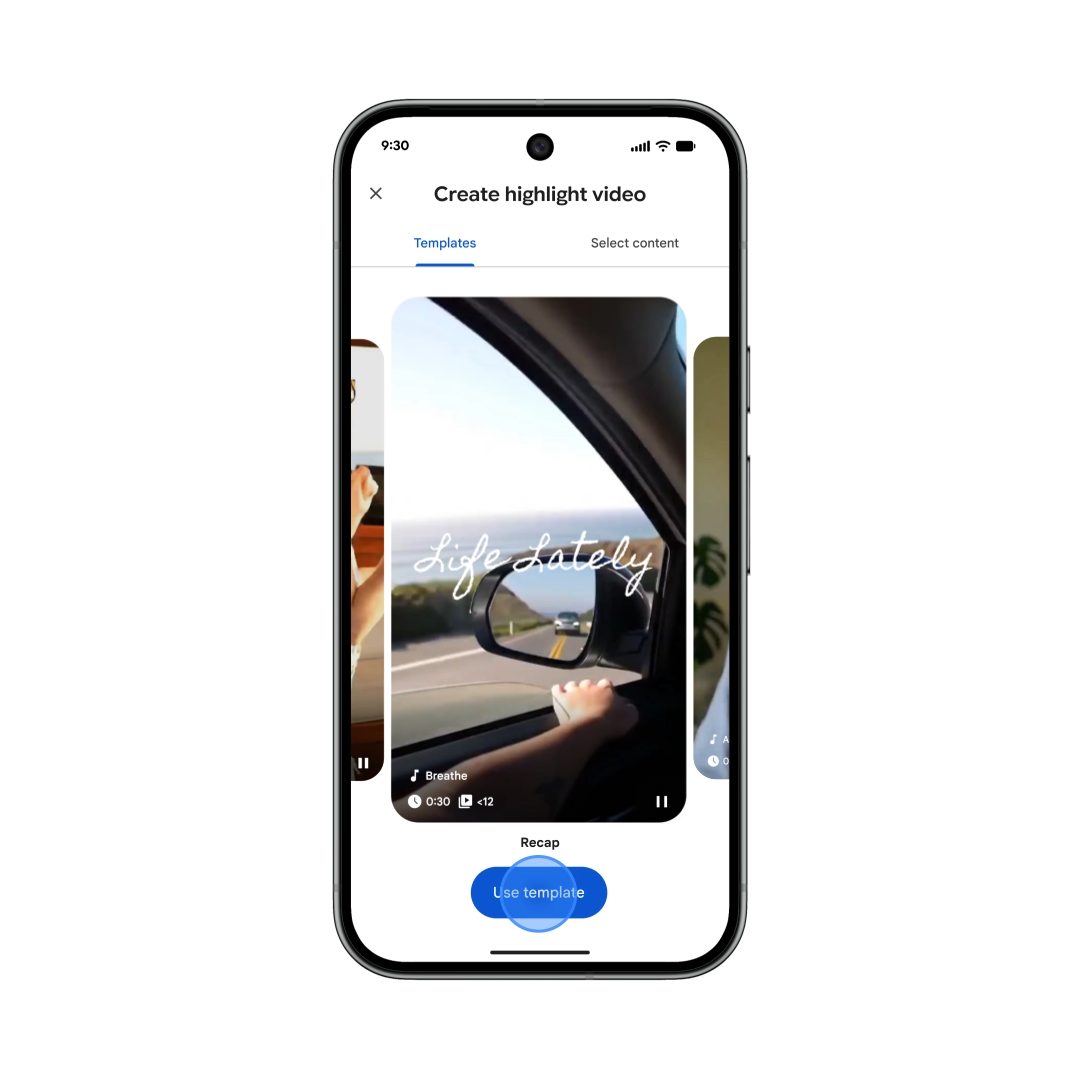 Экран Google Photos Create highlight video с вкладками Templates и Select content