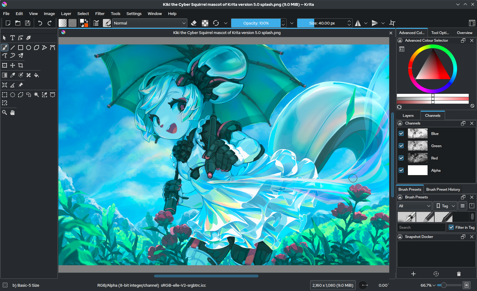 Интерфейс Krita с открытой иллюстрацией, слоями и панелью кистей