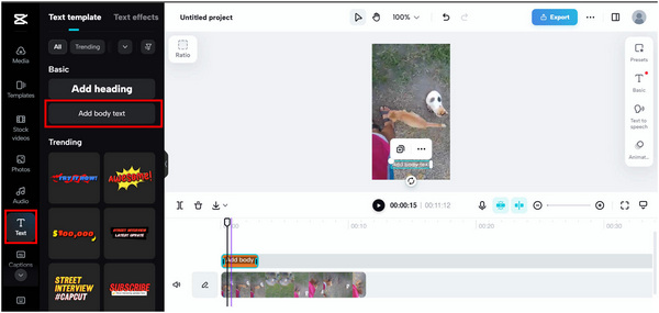 Рабочее окно CapCut с текстом на вертикальном видео