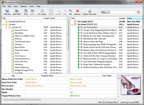 Интерфейс MusicBrainz Picard с кластерами, найденным релизом и новыми тегами