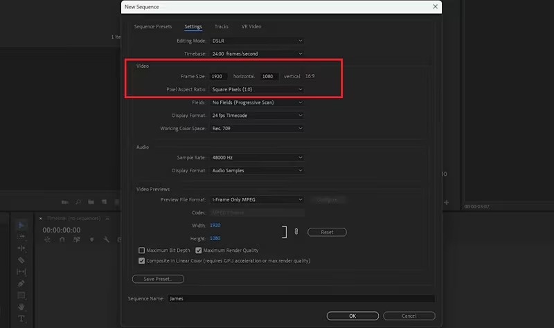 Интерфейс Adobe Premiere с настройкой горизонтального кадра для вертикального видео