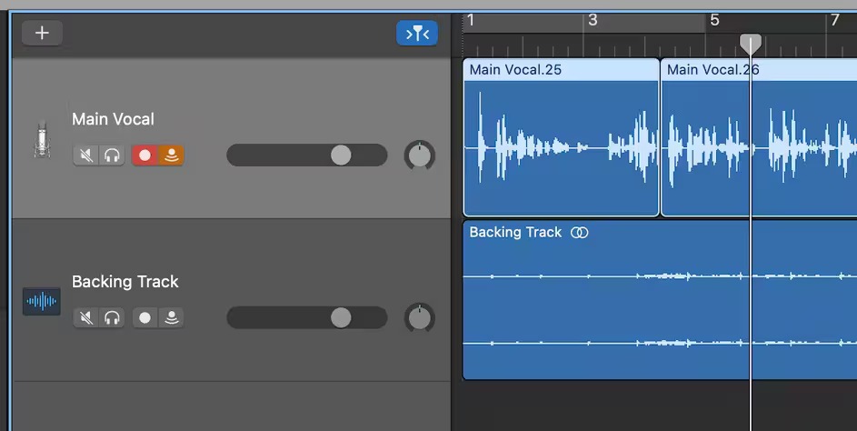 GarageBand с основной вокальной дорожкой и инструментальным сопровождением