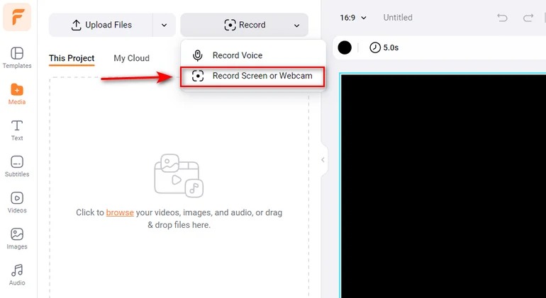 Панель Media и команда Record Screen or Webcam в редакторе FlexClip