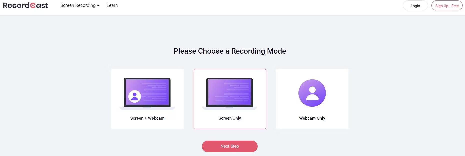 Окно RecordCast с вариантами Screen and Webcam, Screen Only и Webcam Only