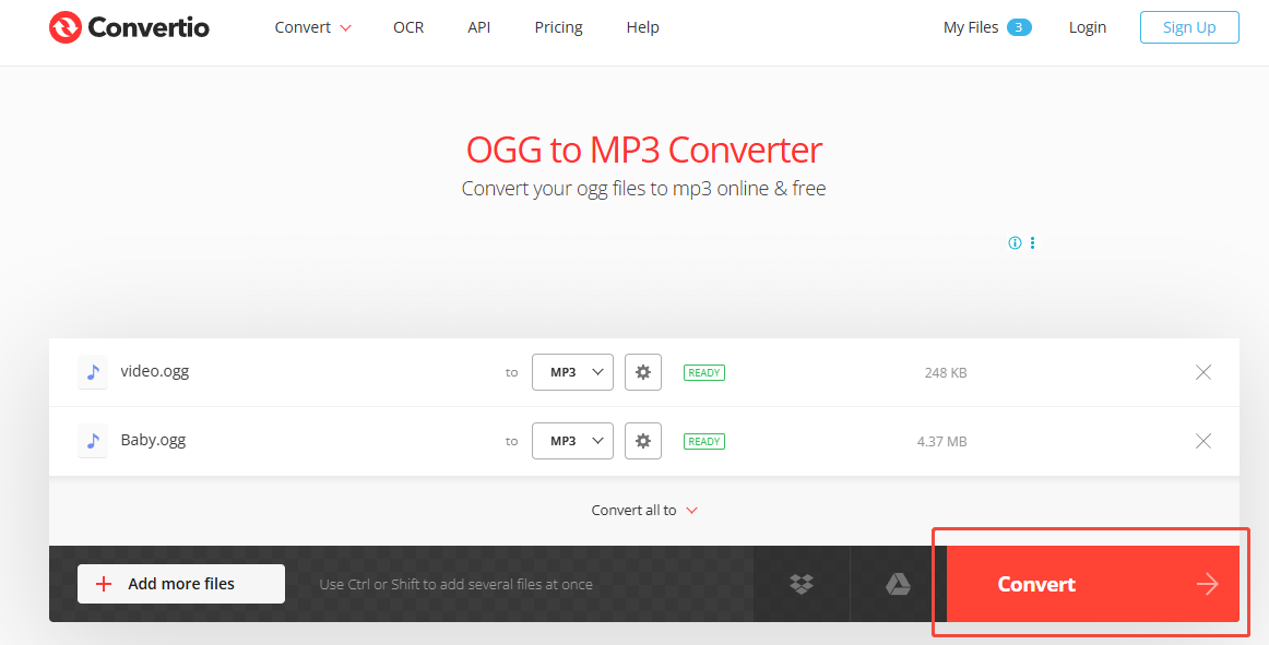 Очередь файлов OGG в Convertio перед запуском преобразования в MP3