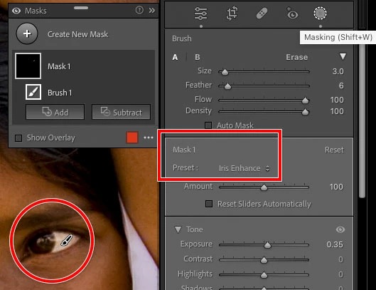 Интерфейс маски кистью для радужки в Adobe Lightroom Classic