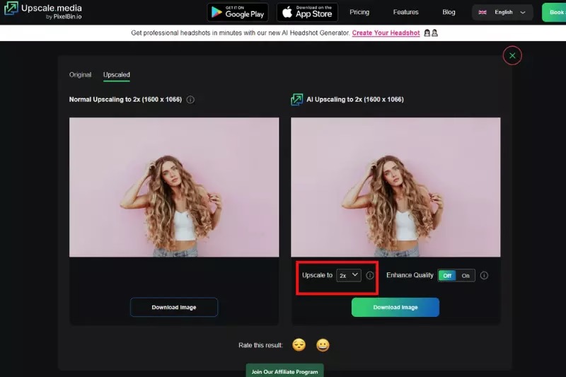 Интерфейс Upscale.media с выбором коэффициента AI Upscaling