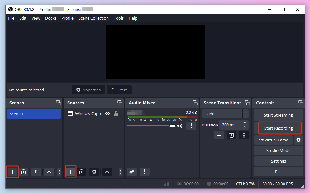 Главное окно OBS Studio с панелями Sources и Audio Mixer