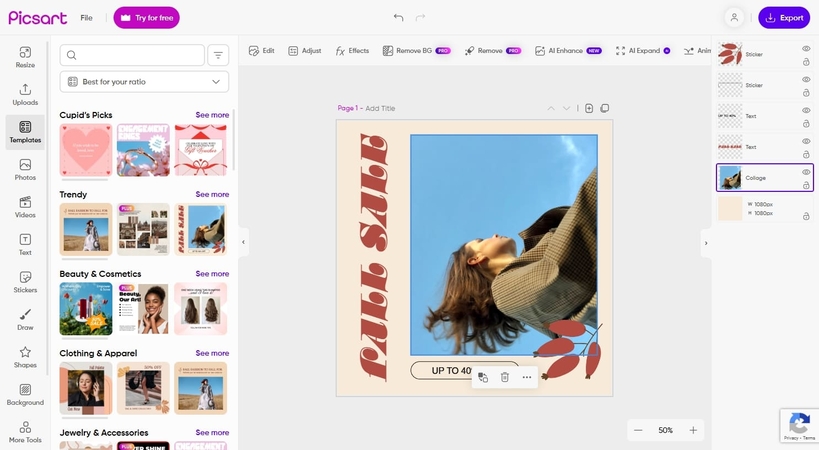 Интерфейс Picsart с фотографией на холсте и AI-инструментами в верхней панели